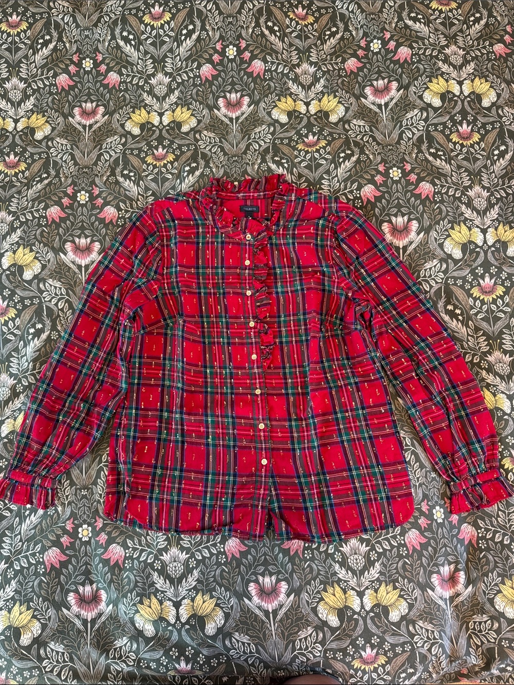 Talbots Festive Ruffle detail Blouse with metallic gold accents